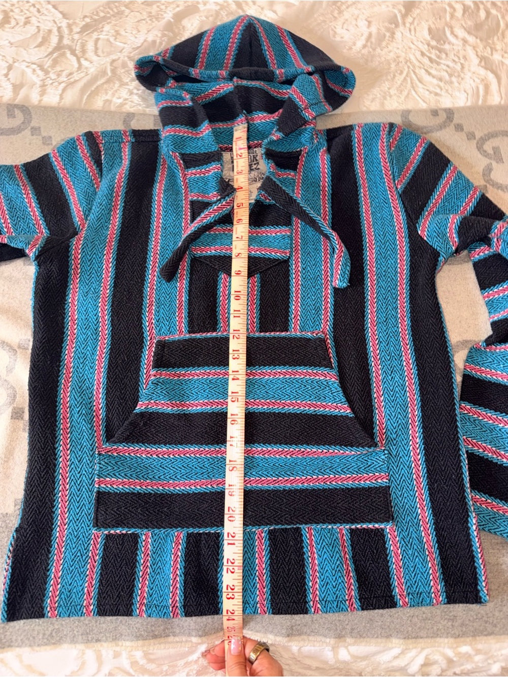 Baja Drug Rug Black Pullover with Blue, White and Pink Stripes - Picture 7 of 9